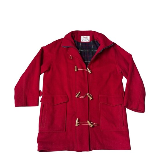Orvis Wool Coat Womens Large Red Toggle Jacket Plaid Lined Long USA Vintage - Picture 1 of 6